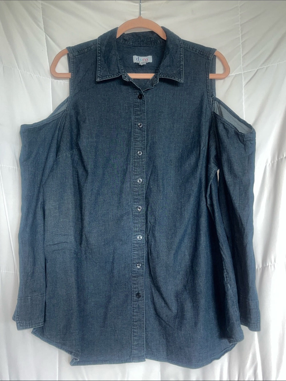 D & Co. Cold Shoulder 1X Denim Chambray Button Up Shirt Cotton Blend